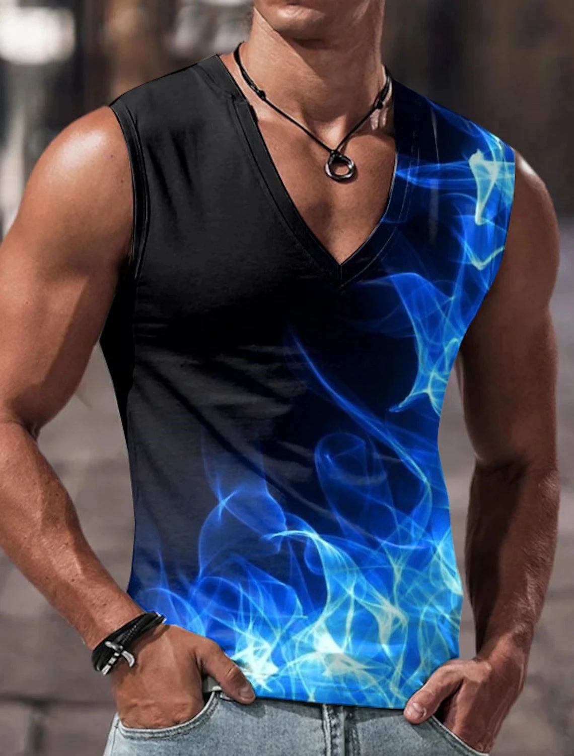 Men\'s Vest Sleeveless T Shirt Patterned Spliced Flame Shirt Casual Muscle V Neck Clothing 3D Printed Sports Running Fitness