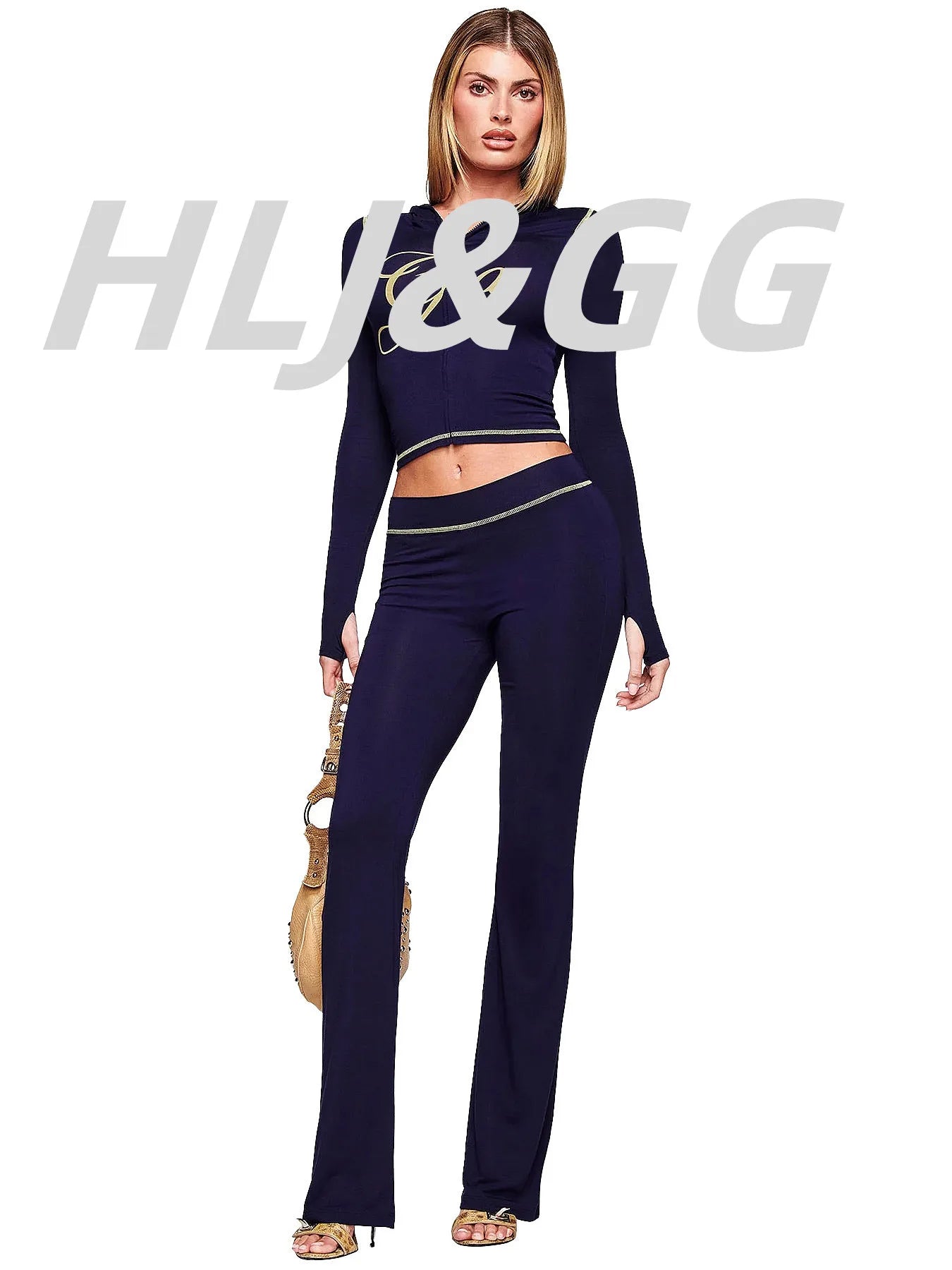 HLJ Fashion Ins Letter Print Hooded Two Piece Sets Women Zipper Long Sleeve Crop Top And Skinny Pants Outfit Y2K 2pcs Streetwear