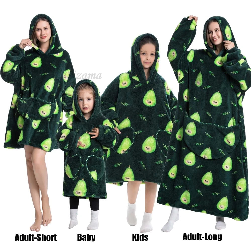 Oversize Winter Sherpa Blanket Plush Polar Fleece Family Matching Hoodie Girl Sweatshirt Homewear Avocado Animal Print Outwear
