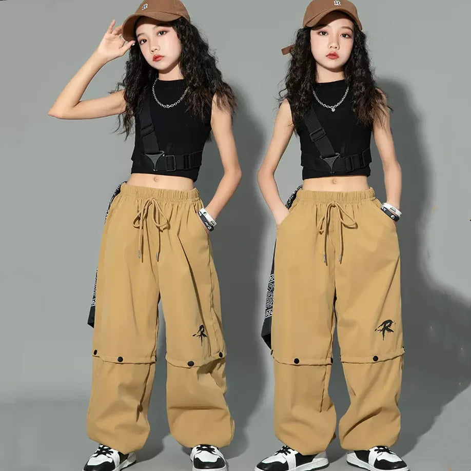 5-14Y Kids Hip Hop Joggers Pants Girls Cargo Pants Teenage Straight Trousers High Waist Vintage Casual Streetwear Baggy Pants