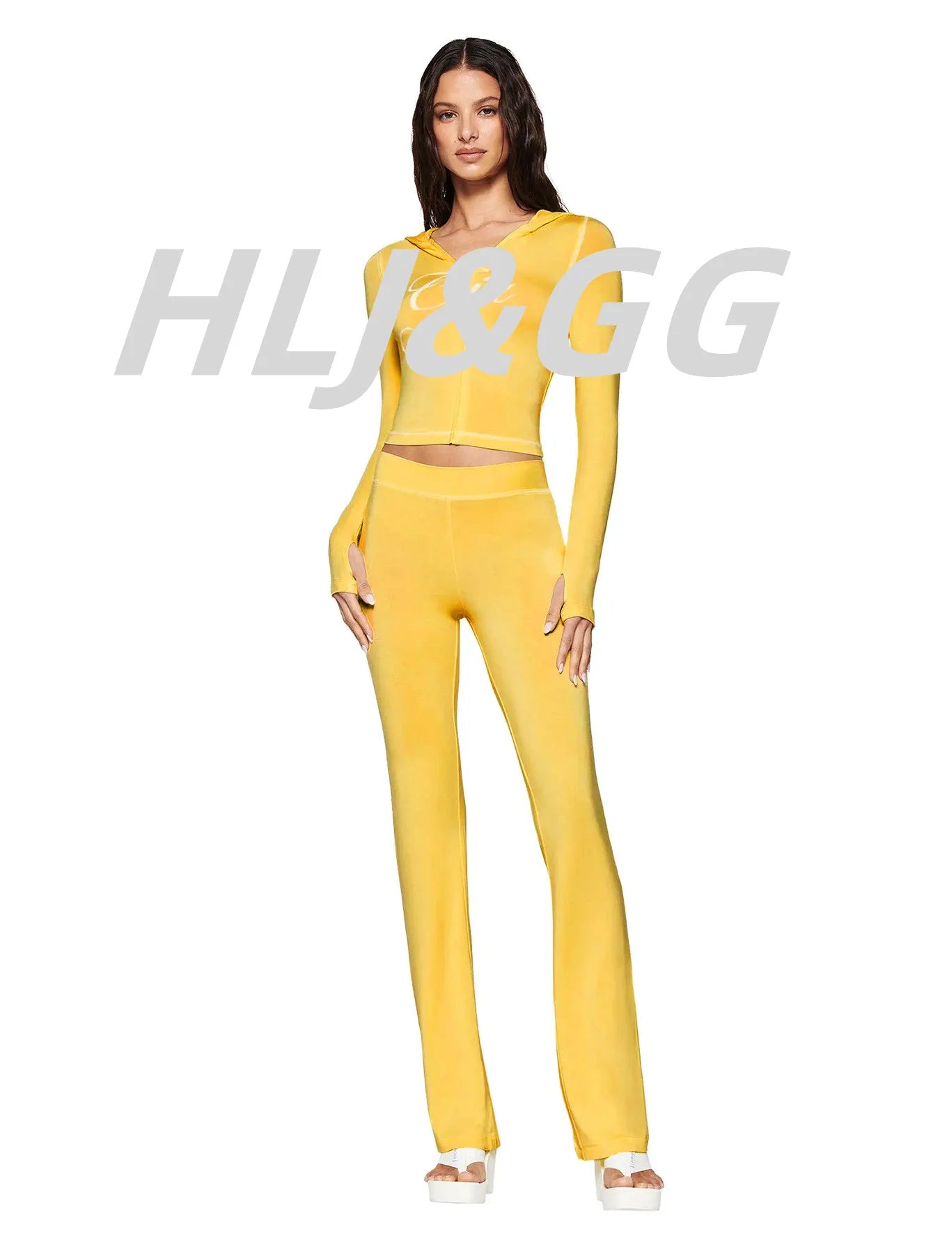 HLJ Fashion Ins Letter Print Hooded Two Piece Sets Women Zipper Long Sleeve Crop Top And Skinny Pants Outfit Y2K 2pcs Streetwear