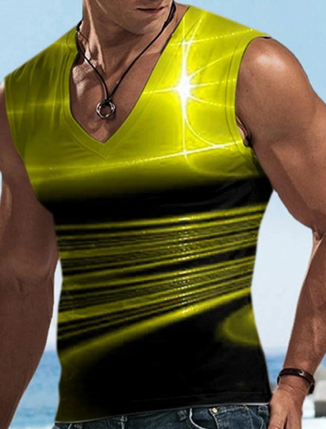 Men\'s Vest Sleeveless T Shirt Patterned Spliced Flame Shirt Casual Muscle V Neck Clothing 3D Printed Sports Running Fitness