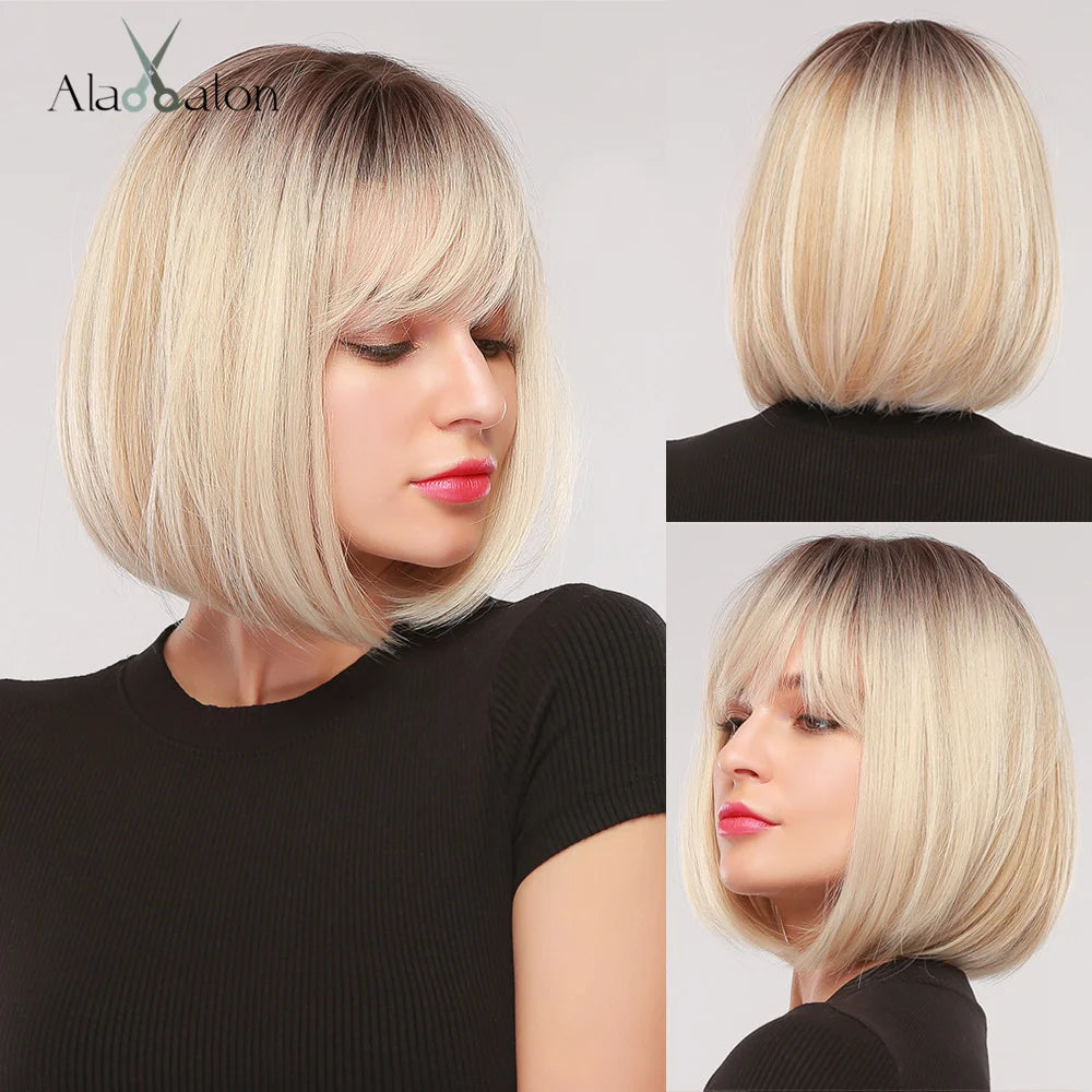 ALAN EATON Layered Synthetic Wigs with Bangs Straight Short Highlights Blonde Hair Wig with for Women Natural Daily Cosplay Wigs