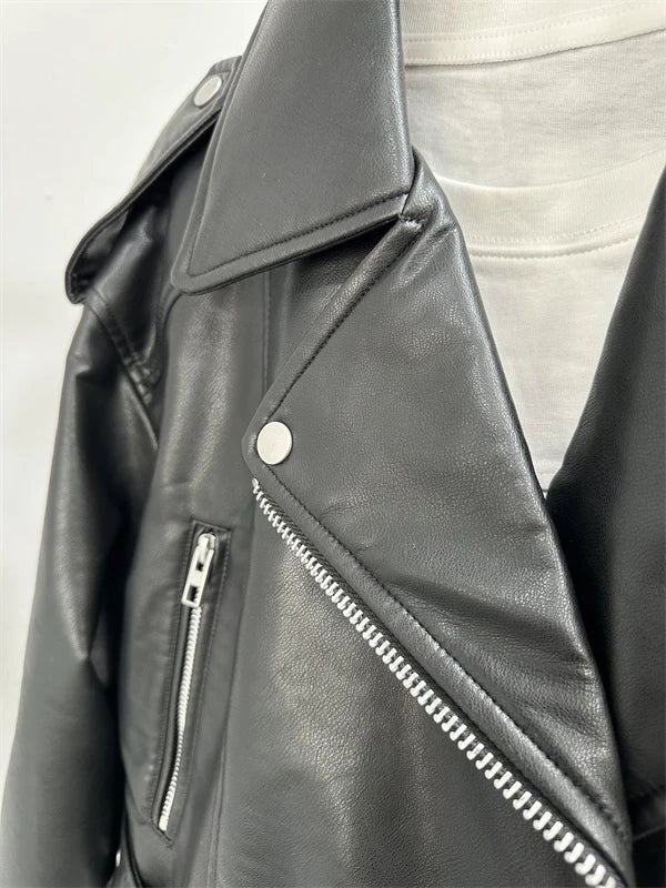 2025New Coal graysty le Women's washed leather jacket with belt, short coat with downgraded zipper and vintage lapel jacket