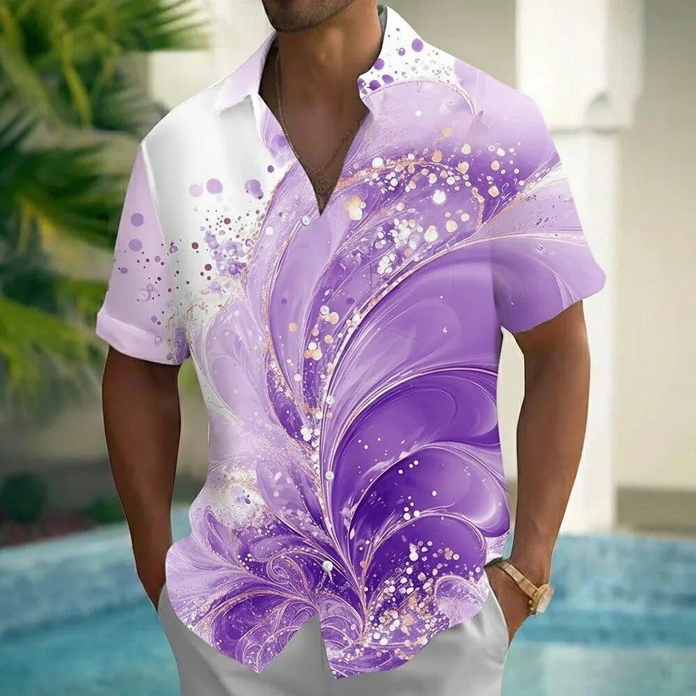 New men's street fashion short sleeved shirt top with 3D turtle print guitar pattern casual short sleeved shirt
