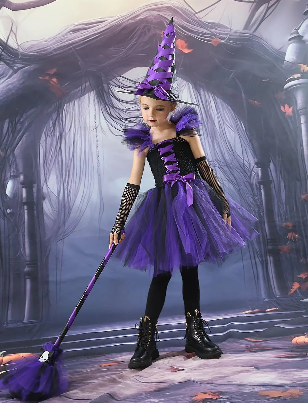 Halloween New Witch Dress Cosplay Costume Dress for Girl Carnival Party Dress Hat Broom Fancy Clothes Suit