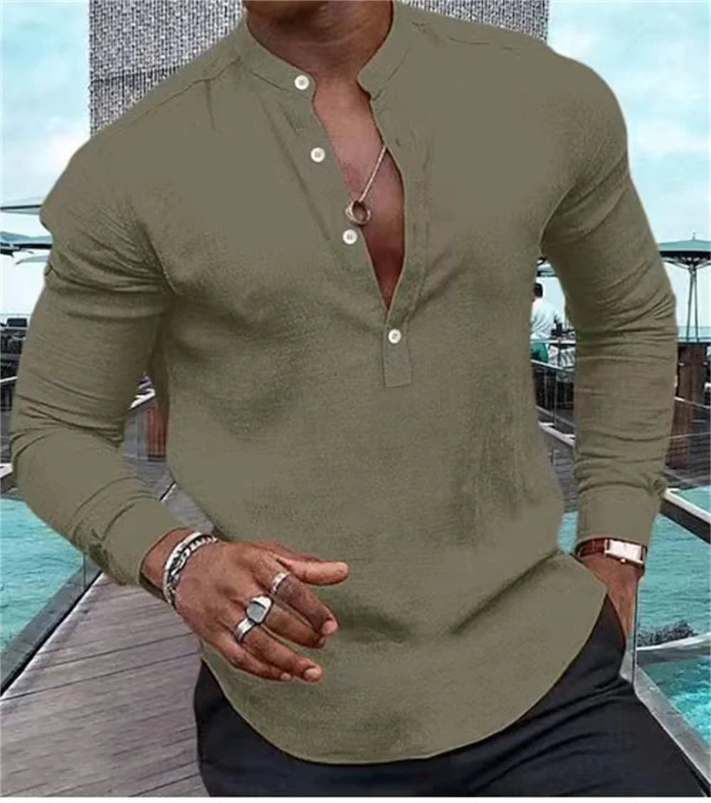 2023 New Fashion Men's High Quality Shirt Henry Solid Half Open Button Standing Neck Muscle Men's Street Casual Top