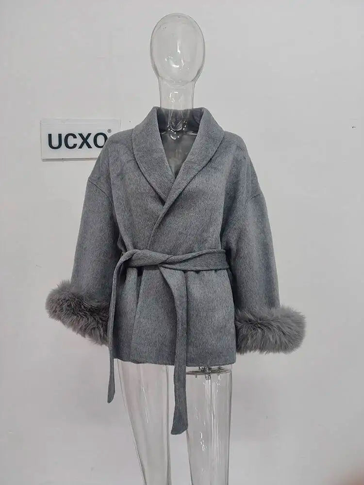 UCXQ Elegant OL Office Lady Overcoats Fur Patchwork Long Sleeve Woolen Coat Beautiful Women's Clothing Jacket Autumn 2025 Winter