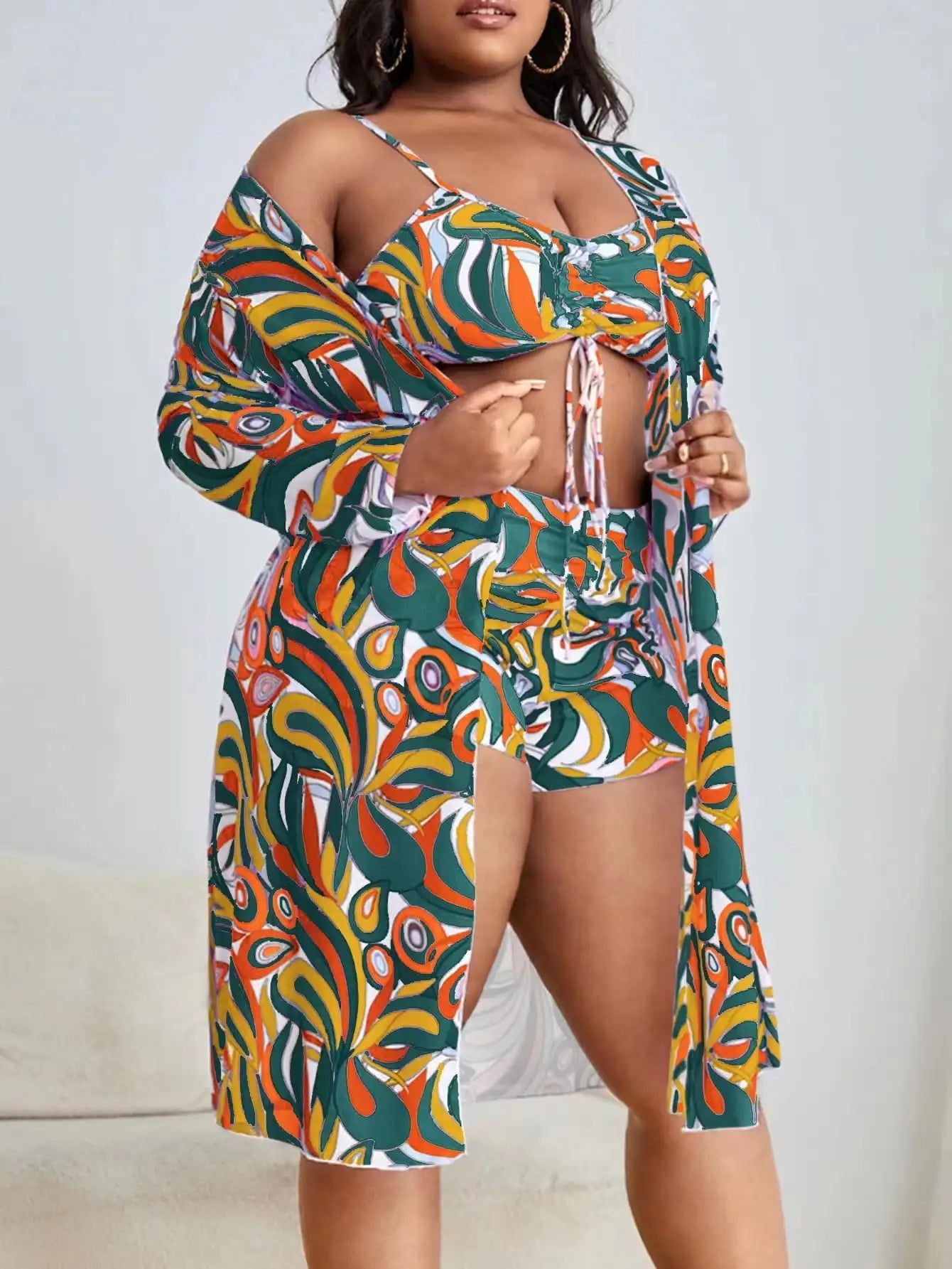 3 Pieces Large Size Bikini 2025 Printed Swimsuit Women & Kimono Drawstring Front Swimwear Female Bathing Swimming Suit Beachwear
