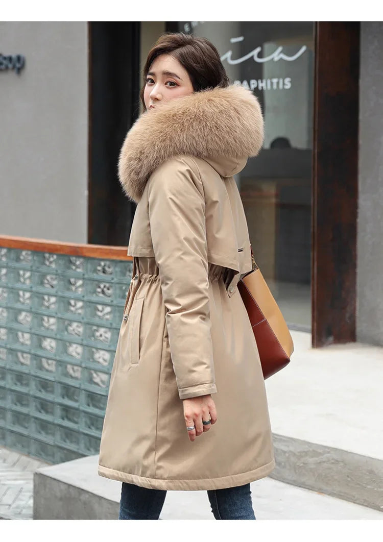Winter Parka 2024 New Women Jacket Clothes Long Coat Wool Liner Hooded Jacket Fur Collar Thick Warm Snow Wear Fashion Parka