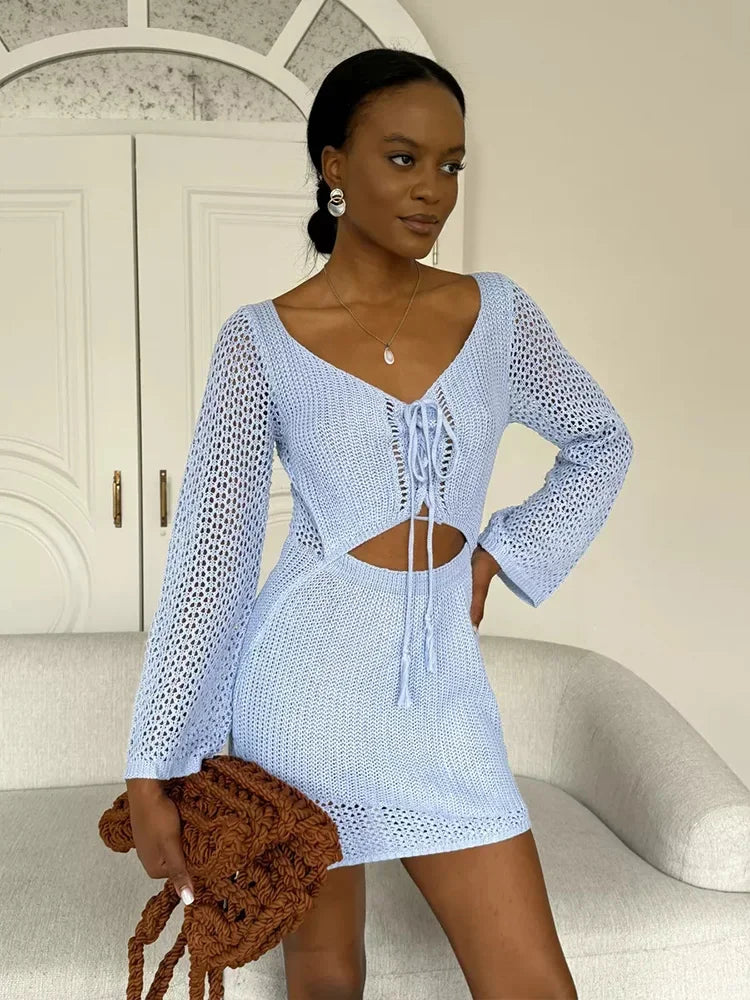 2024 Women Solid Knitted Cut Out Swimwear Cover Up Sexy V-neck Lace-up Bell Sleeve Beach Mini Dress Summer Holiday Outfits A3096