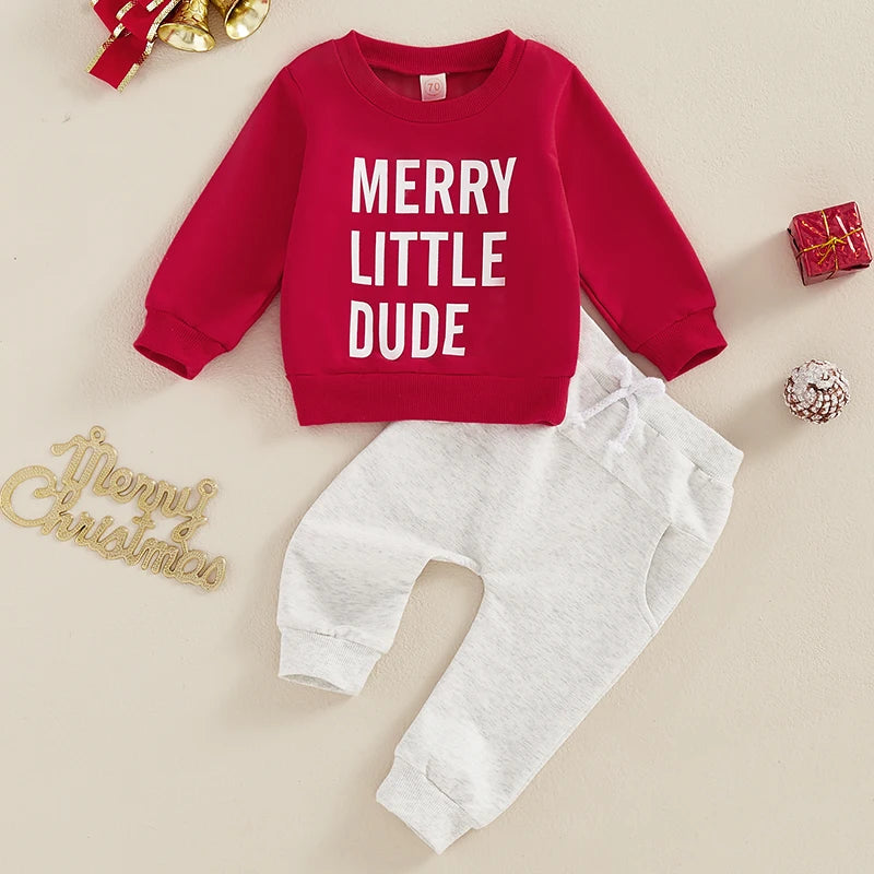 Kids Christmas Outfit Set Long Sleeve Letter Print Sweatshirt and Drawstring Pants Set for Boys