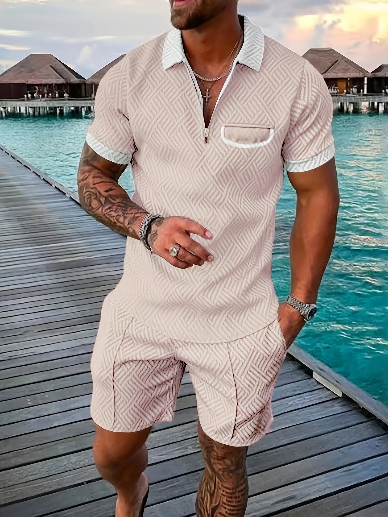 2025 new summer Hawaiian Beach men's fashion lapel casual suit 3D digital print pullover zip-up short-sleeved men's shorts