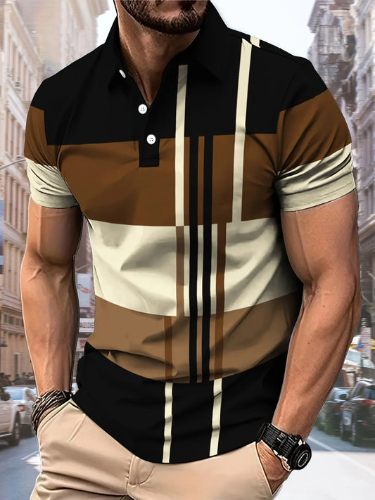 The 2025 summer new men's POLO shirt features a casual fashionable comfortable and breathable 3D striped pattern print