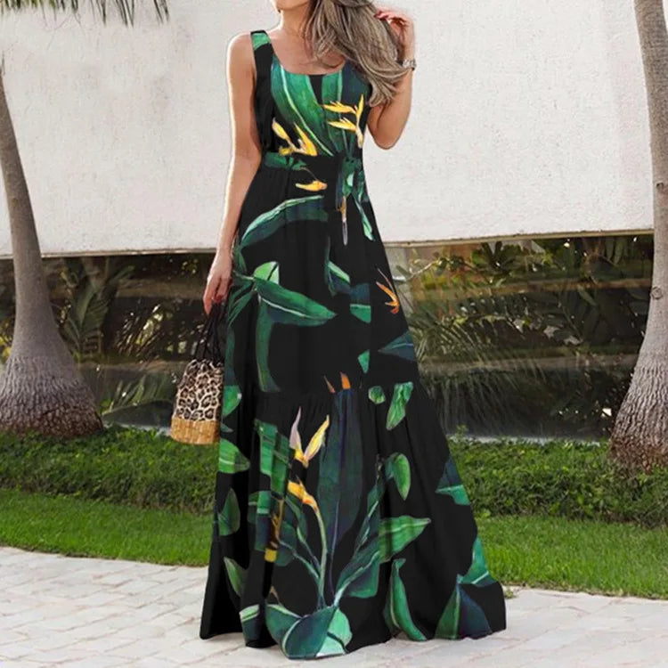 Summer Flower Print Sleeveless Long Dresses Women Elegant Casual Vacation Style Dress O Neck High Waist Leace-up Maxi Vestidos
