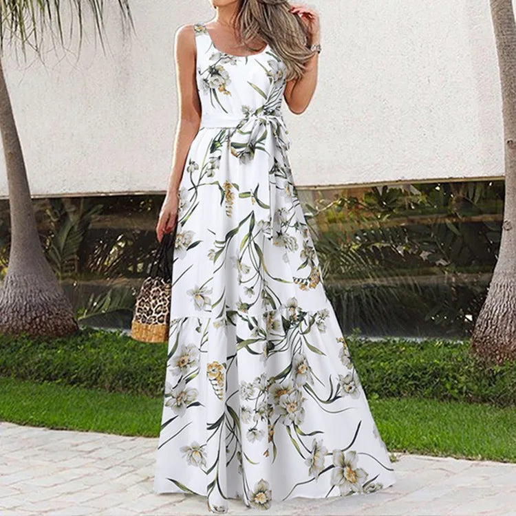 Summer Flower Print Sleeveless Long Dresses Women Elegant Casual Vacation Style Dress O Neck High Waist Leace-up Maxi Vestidos