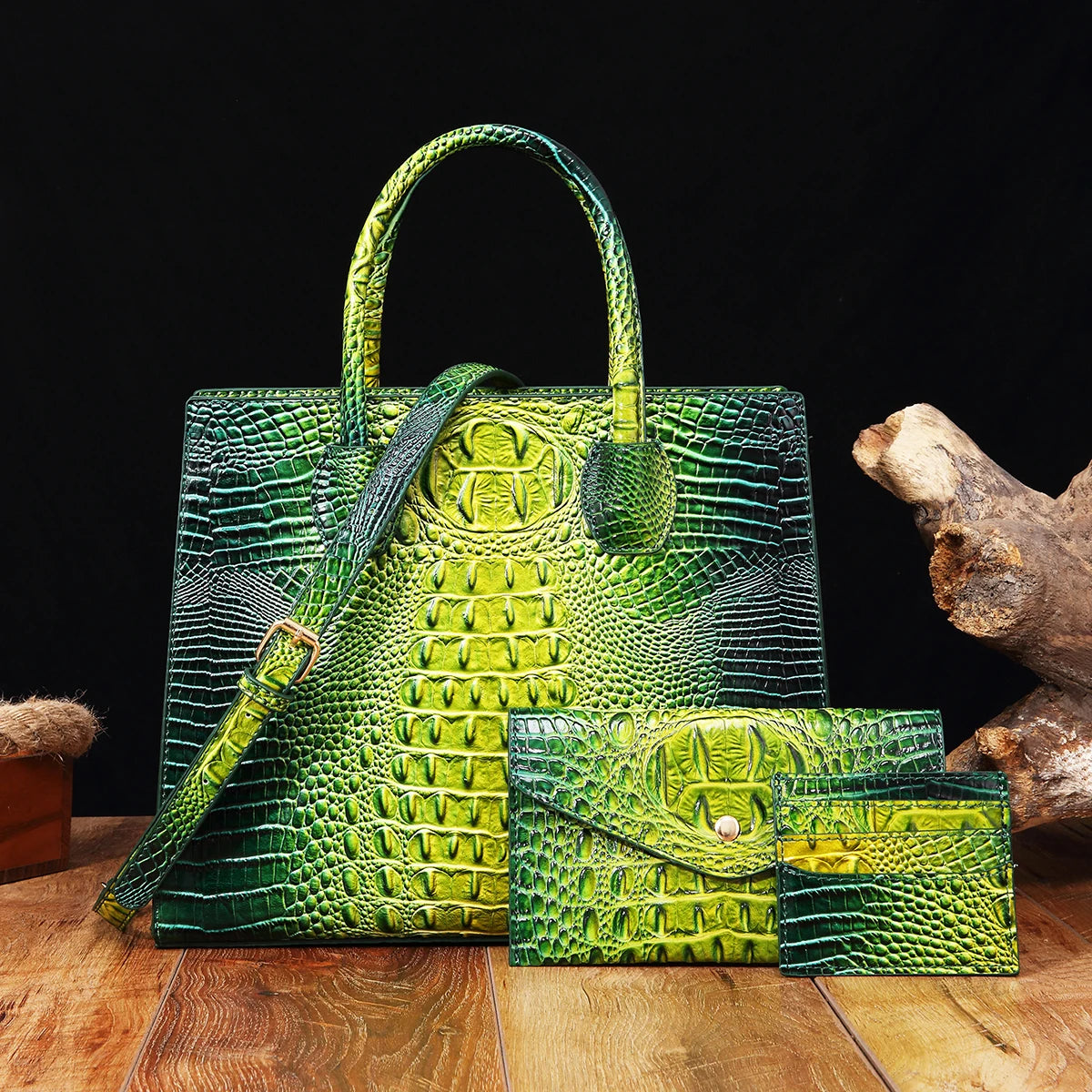3 Pcs Crocodile Pattern Handbag & Purses Set, Multi-functional Vintage Top Handle Crossbody Bag & Business Clutch Bag & Card Coi