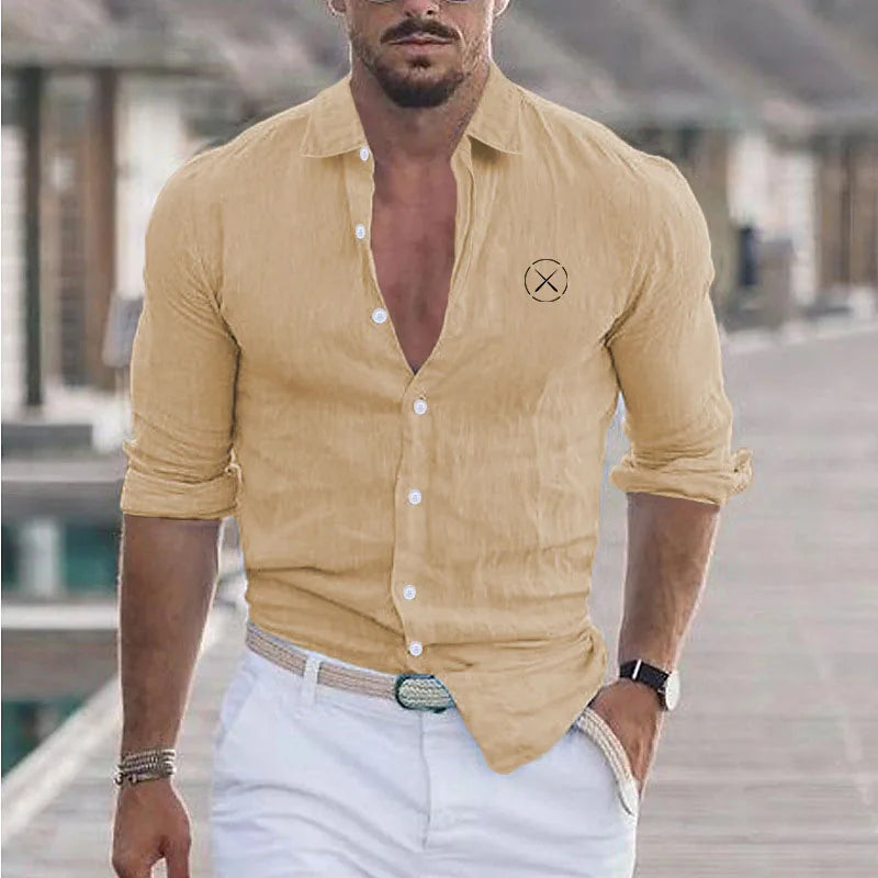 New Men's Summer Cotton And Linen Lapel Beach Shirt Long Sleeve Solid Color Hawaiian Holiday Wear X Patterned Shirt