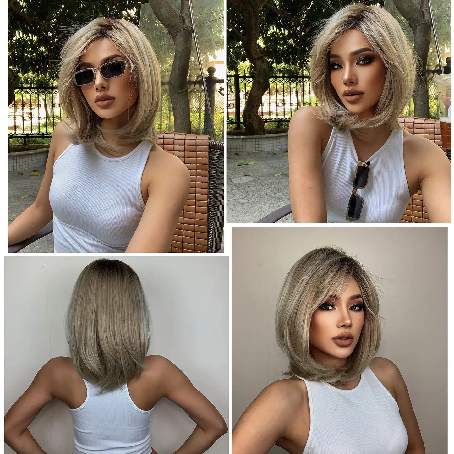 ALAN EATON Layered Synthetic Wigs with Bangs Straight Short Highlights Blonde Hair Wig with for Women Natural Daily Cosplay Wigs