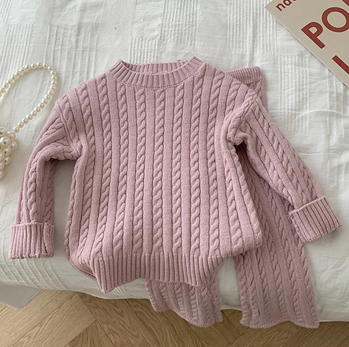 Autumn Spring Korean Style Kids Knitted Clothing Set Long Sleeved Solid Color Knitted Pullover+Pants Baby Girl Clothes Suit