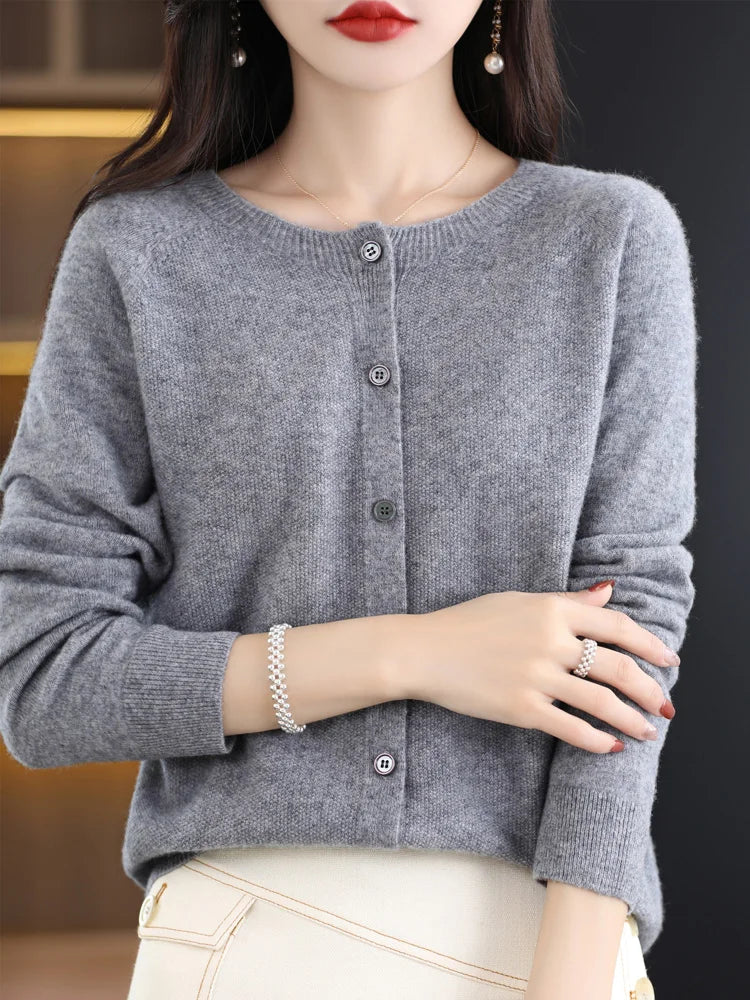 Long Sleeve 100% Merino Wool Sweaters Cashmere Cardigan Spring Autumn Women O-Neck Knitwear Tops Clothing Fashion Basic Tops