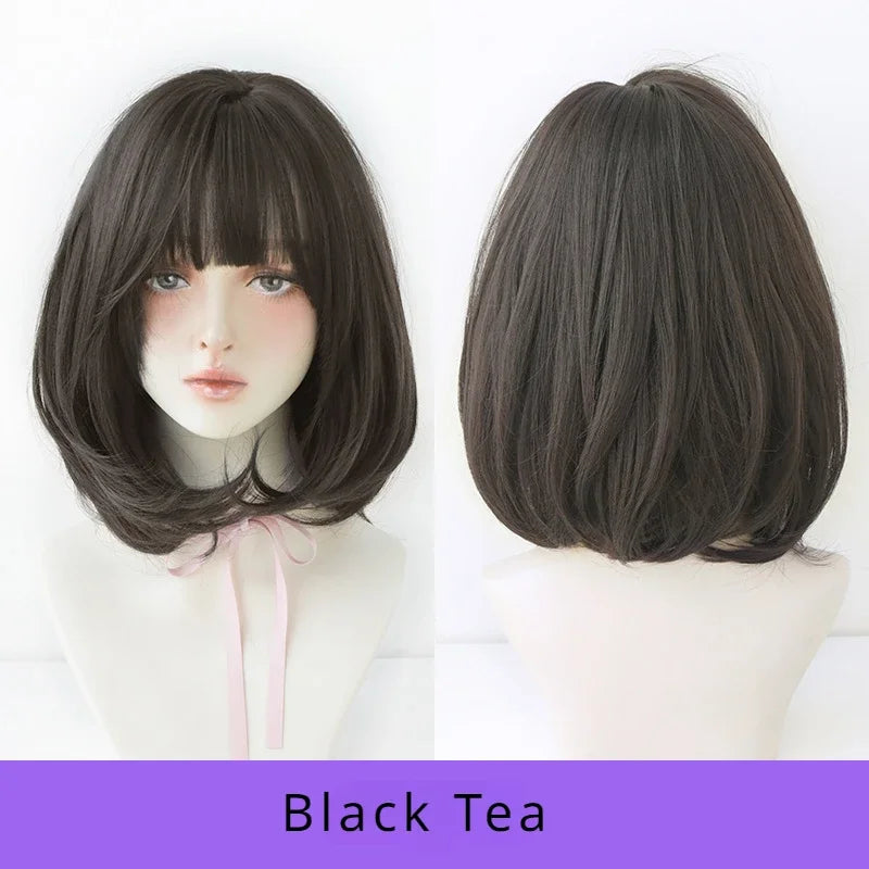 Pixie Cut Wigs Synthetic Short Straight Pink Brown Bob Wigs with Dark Roots High Density Layered Hair Wigs with Curtain Bangs