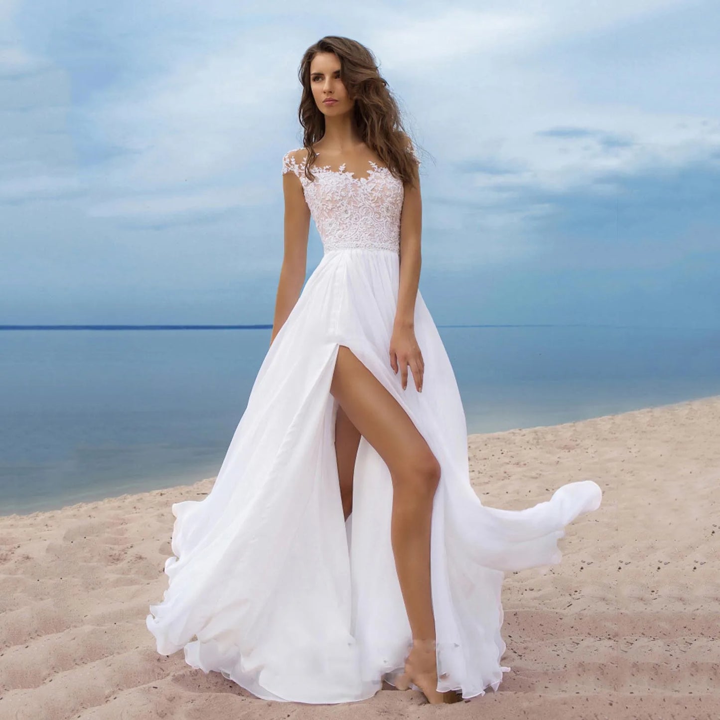 Women's Floral Lace White Dresses A Line Sexy V-Neck Sheer Mesh Large Swing Dress High Waist Bridesmaid Evening Dress For Women