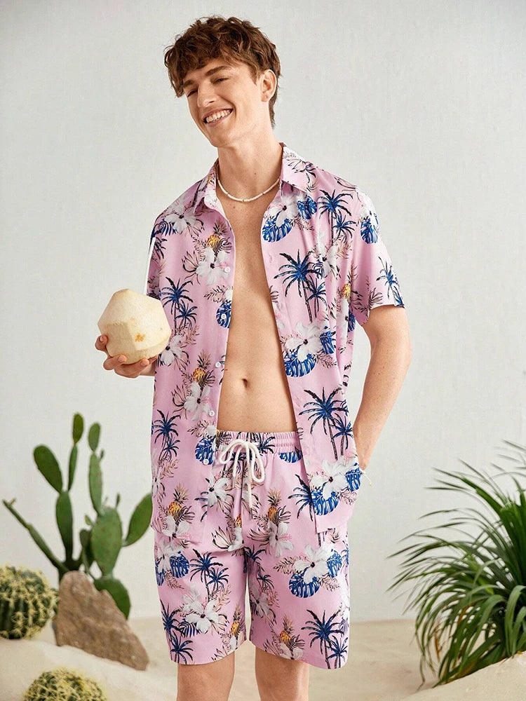 Hawaii Shirt Set Mens Yellow Duck Print Fashion Pattern Summer Fashion Casual Daily Large Button Down Shirt Shorts Two Piece Set