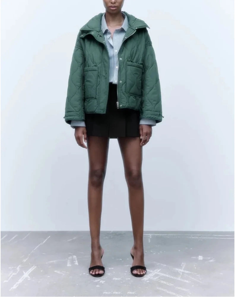 Quilted coat for women ETJ 2025 QUILTED JACKET WITH TIES new beige drawstring high neck pocket clip cotton jacket for women