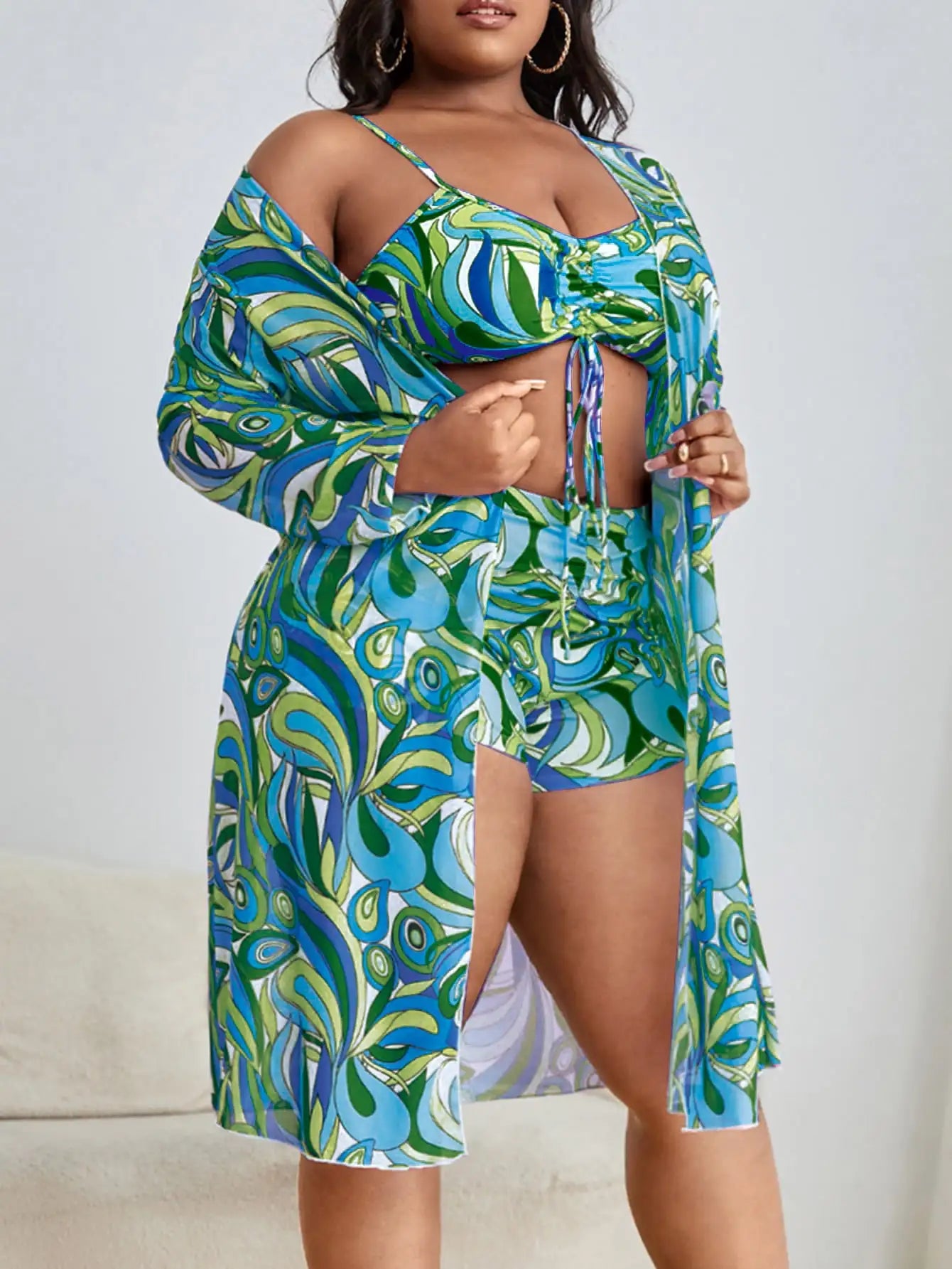 3 Pieces Large Size Bikini 2025 Printed Swimsuit Women & Kimono Drawstring Front Swimwear Female Bathing Swimming Suit Beachwear