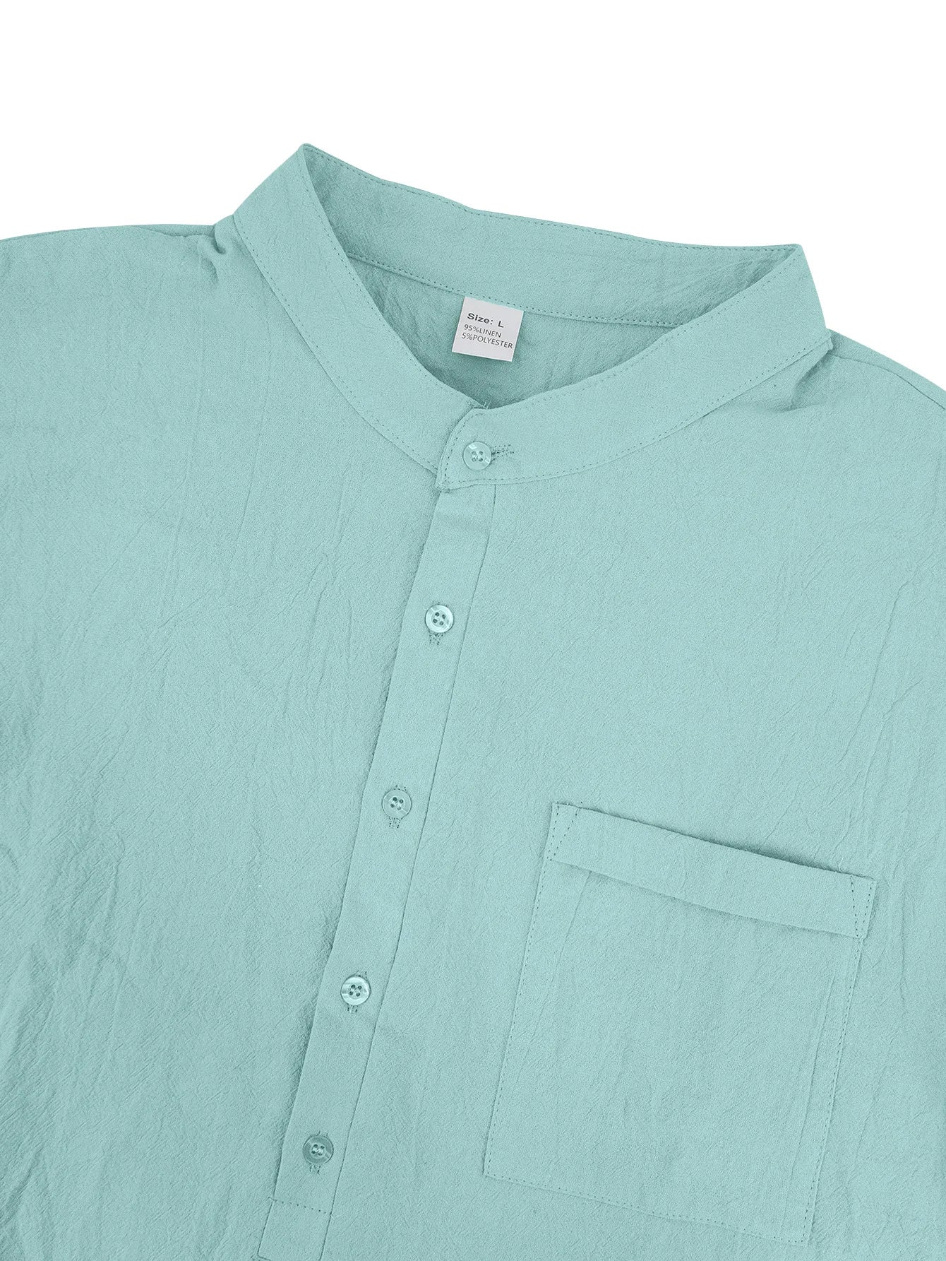 Summer Men's Linen Henry Long Sleeve T-Shirt  European and American Woven Solid Color Casual Polo Shirt