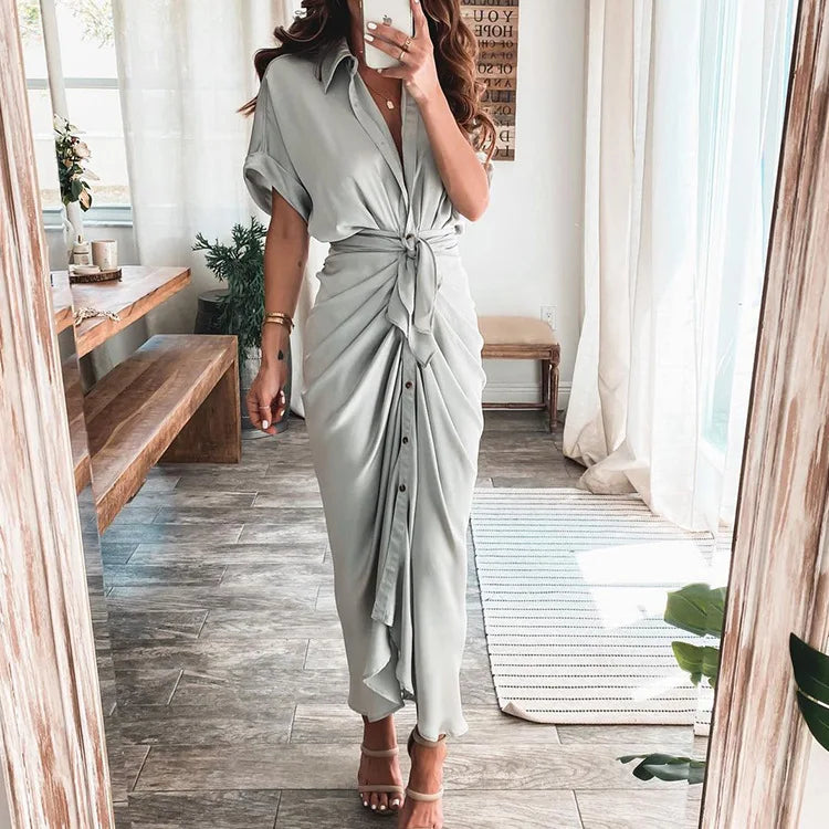 Sexy Irregular Long Dress For Women Fashion V-neck Lace-up Wrinkled Buttoned Dress Elegant Short Sleeves Clothing Ropa De Mujer