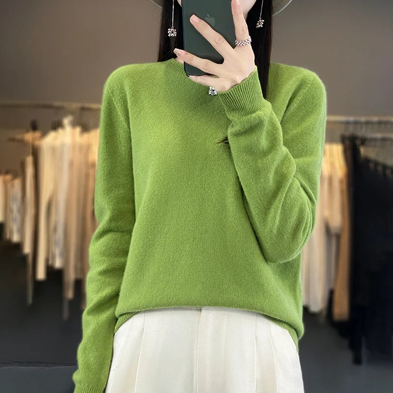100% Merino Wool Sweater Women O-neck Cashmere Knitwear Female Pullover Autumn Winter Casual Tops Solid Color Soft  Clothing