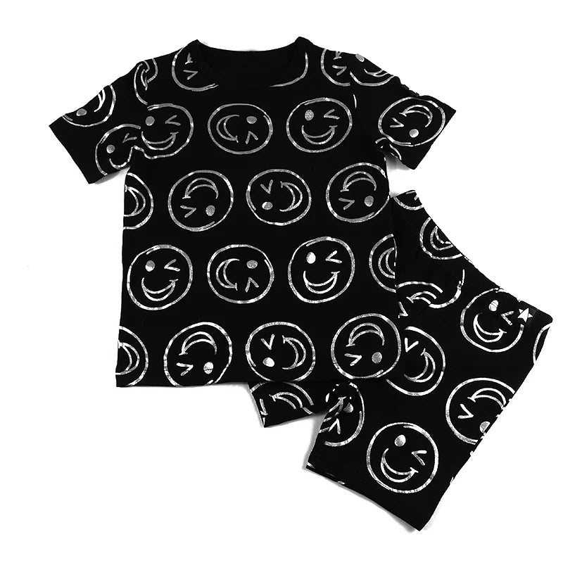 AA-kids boy summer spring fashion clothes 2pcs set cotton long sleeve and short sleeve 2pcs clothes set smile print black set