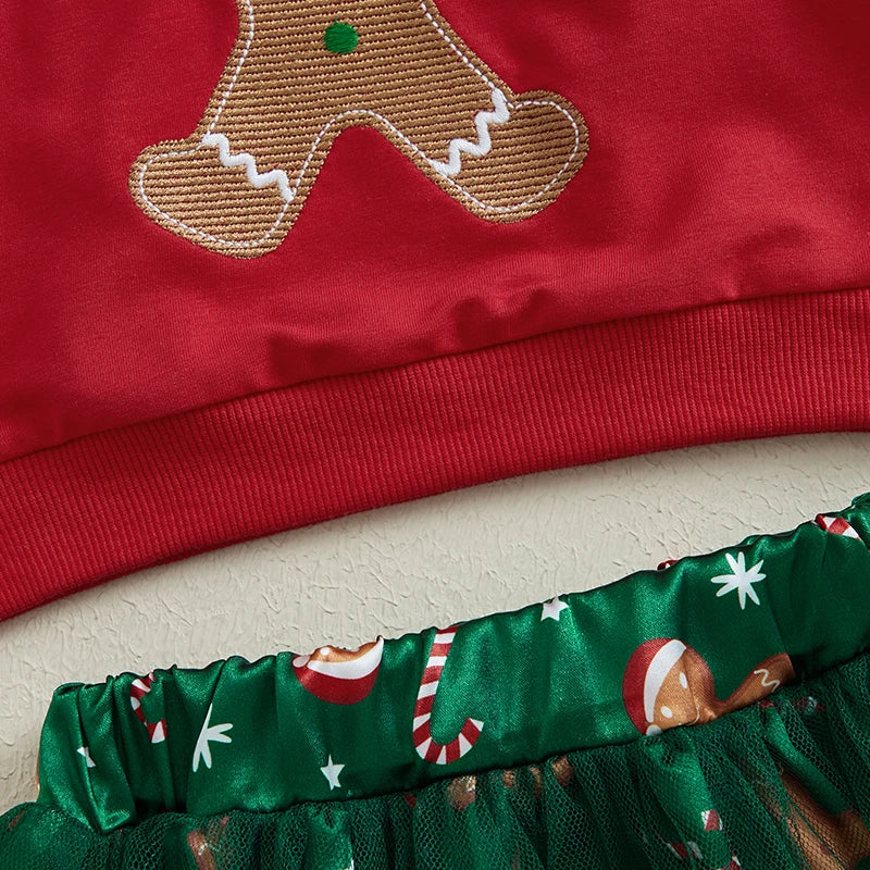 Infant Girls 2-Piece Holiday Set with Long Sleeve Gingerbread Sweatshirt and Tulle Skirt - Festive Baby Clothing for Christmas