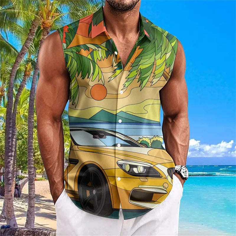 Hawaiian Men's Shirt Coconut Print Flap Collar Sleeveless Top Beach Holiday Style Shirt Fashion Men's Clothing