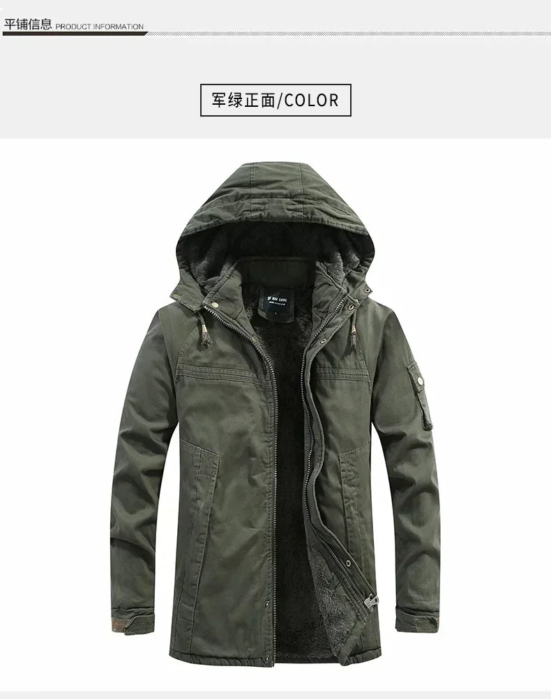 Parkas Coat Military Windproof Hooded Jackets Man Washed Cotton Thick Fleece Casual New  Winter Warm Varsity Jacket Men