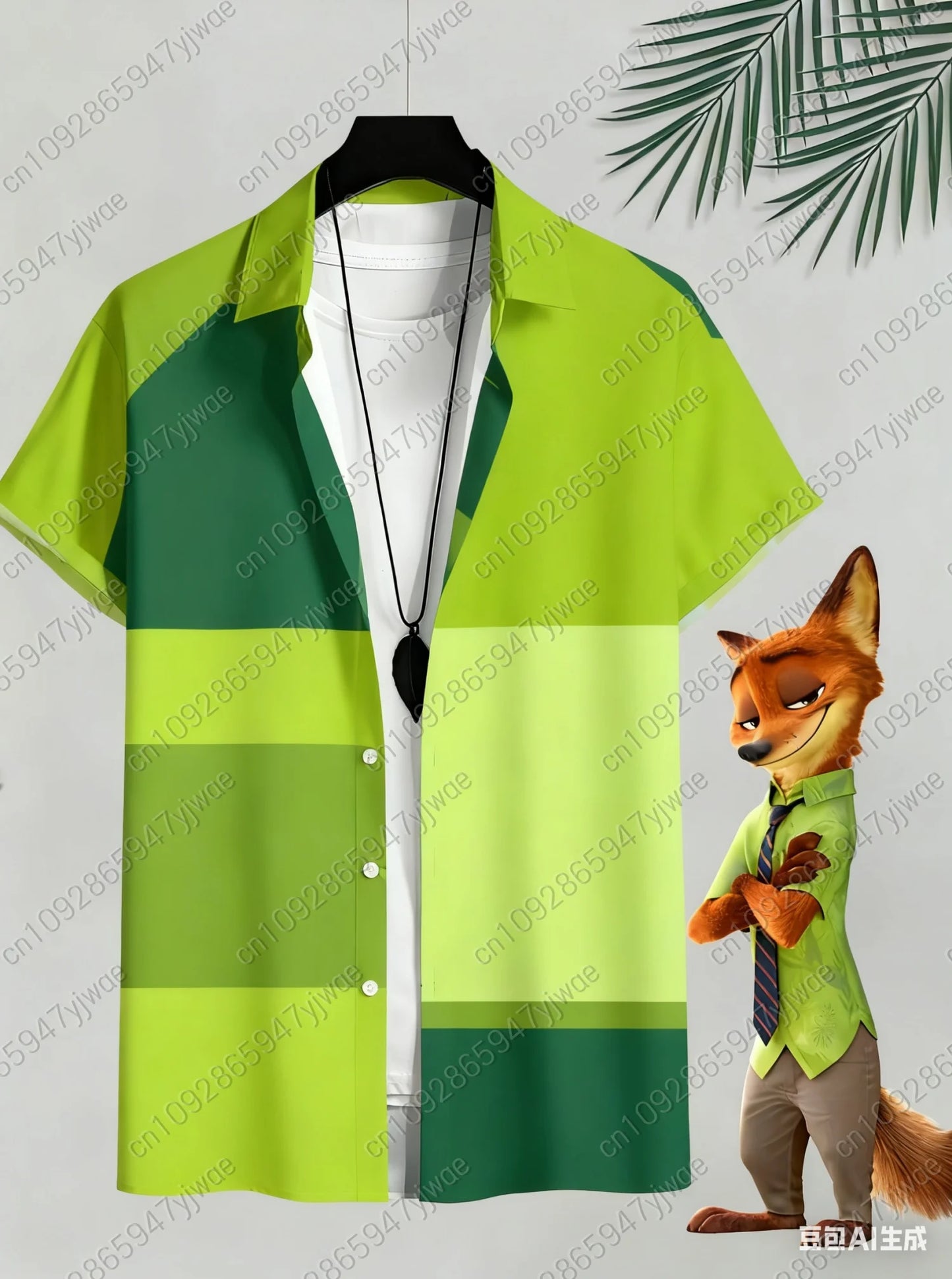 Mens Zootop Same Shirt Green Print Short Sleeve Lapel Shirt Tops Men's Casual Button-Down Shirts For Summer Daily Wear Shirts