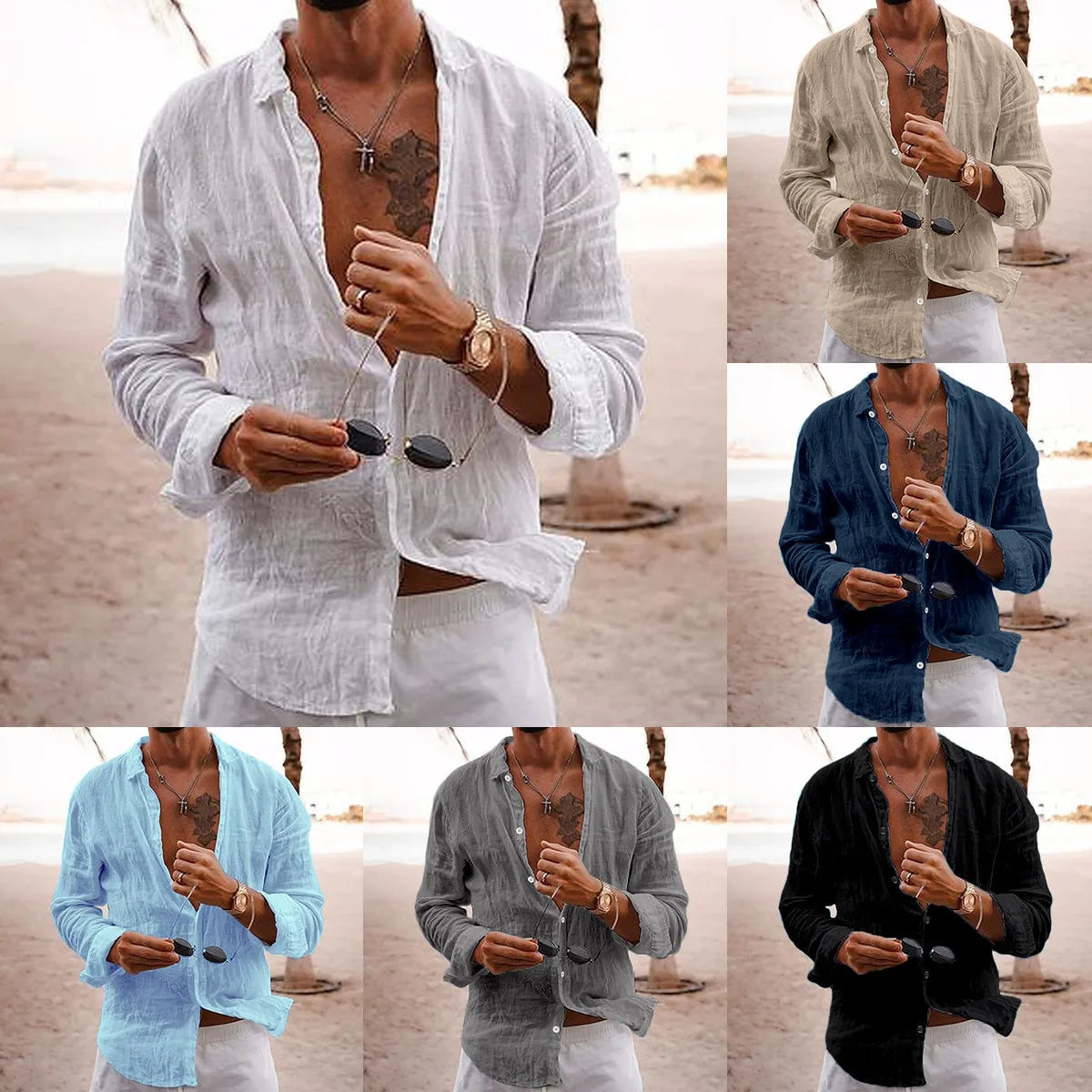 Men's Summer Shirt Casual Lightweight Solid Color Loose Single Breasted Lapel Cotton Linen Long Sleeve Shirt Vacation Beach Tops