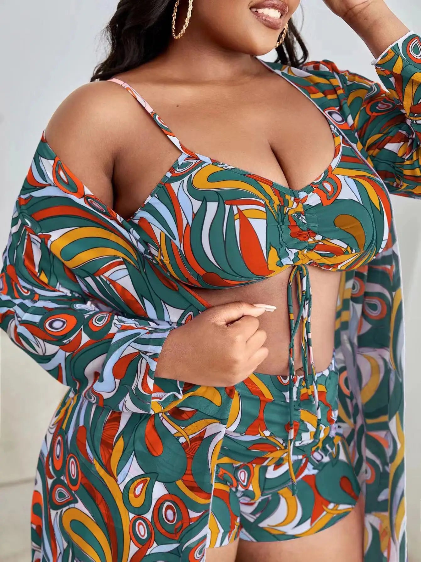 3 Pieces Large Size Bikini 2025 Printed Swimsuit Women & Kimono Drawstring Front Swimwear Female Bathing Swimming Suit Beachwear