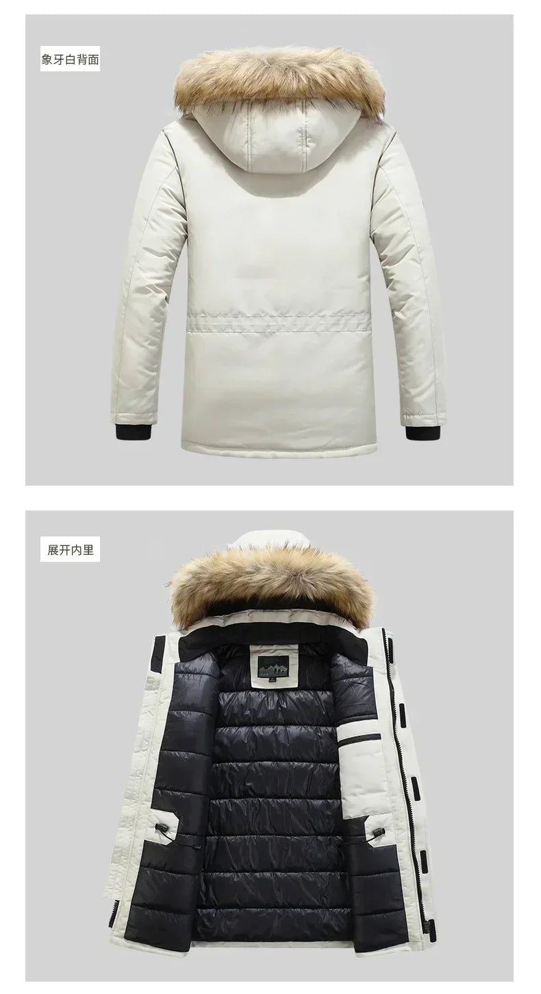 Fleece Winter Fur Hooded Parkas Men Duck Down Snow Jacket Windproof Coats Thickened -30 Degree Keep Warm Outdoor Outerwear