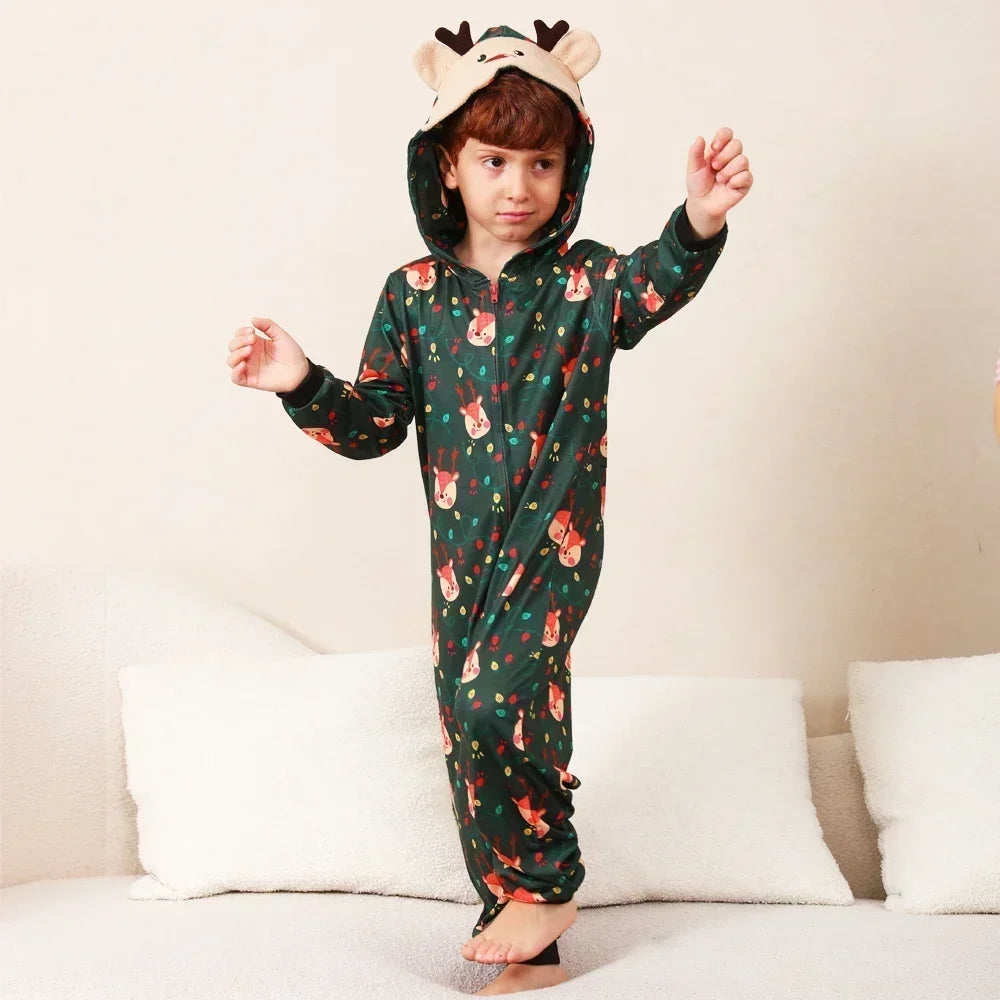 Christmas Gift Mother Father Kids Matching Outfits Cute Deer Ear Hooded Romper Overall Soft Loose One-Piece Pajamas Family Look