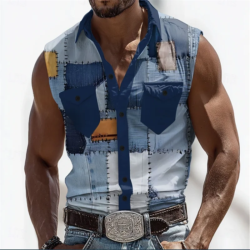 New Hawaiian Men's Sleeveless Shirt Coconut Print Simple Fashion Breathable Shirt Flap Collar Shirt