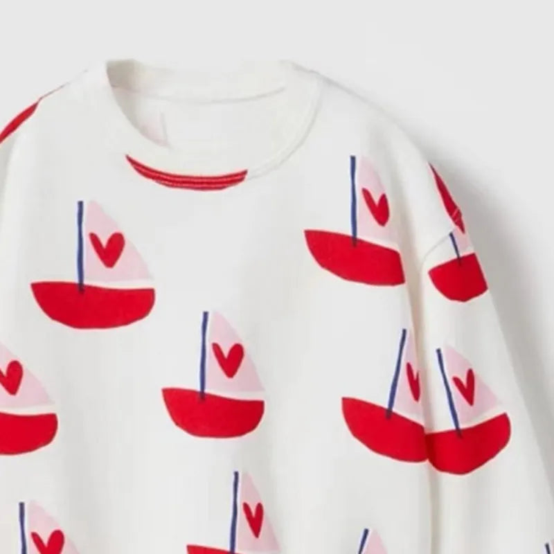 Kids Girl Sweatshirt Childish Flower Bow Print Round Neck Cotton Sweatshirts Autumn Winter Long Sleeve T-Shirt Children Clothes