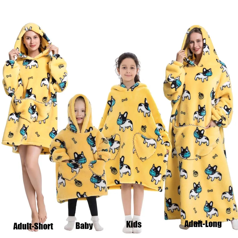 Extra Long Winter Hoodies Sherpa TV Blanket Plush Fleece Family Matching Outfits Sweatshirts Avocado Dinosaur Homewear Oversized