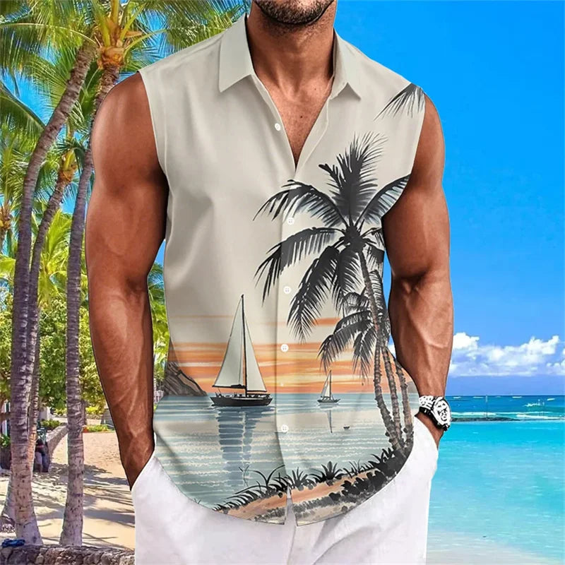 Hawaiian Men's Shirt Coconut Print Flap Collar Sleeveless Top Beach Holiday Style Shirt Fashion Men's Clothing