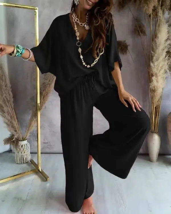 Loose Women Sets 2 pcs Sale V Neck Short Sleeve Blouse Shirts& High Waist Wide Leg Vacation Beachwear Pant Suits NMD-3032