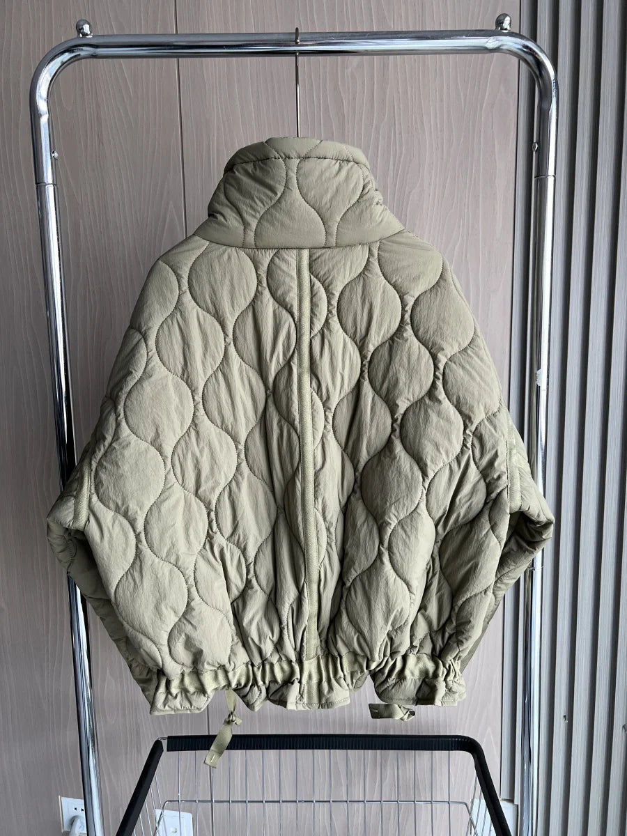 Quilted coat for women ETJ 2025 QUILTED JACKET WITH TIES new beige drawstring high neck pocket clip cotton jacket for women