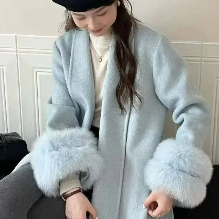 UCXQ Elegant OL Office Lady Overcoats Fur Patchwork Long Sleeve Woolen Coat Beautiful Women's Clothing Jacket Autumn 2025 Winter
