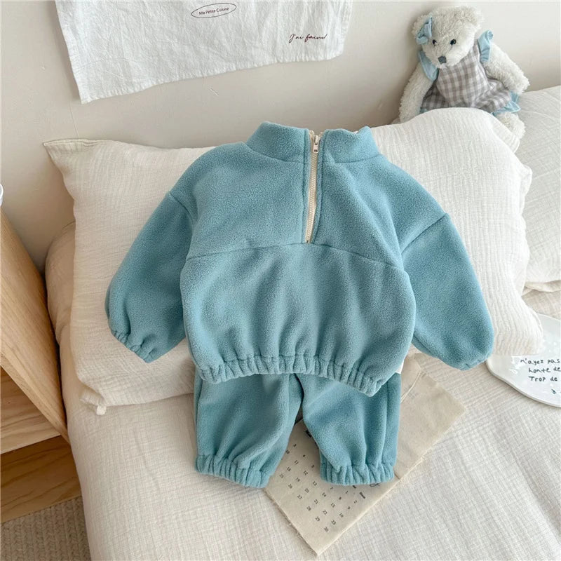 Kids Fleece Warm Set Winter Plus Velvet Outfits Long Sleeved Pullover Tops+Pants 2Pcs Autumn Children's Casual Clothing Suits